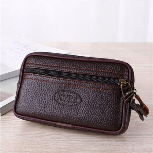 Mens Zipper Leather Waist Bag Mobile Phone Bag Multifunctional Double Soft Leather New Wear Belt Card Bag Coin Purse