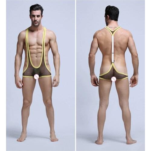 Sexy Mens Bikini Jumpsuit Suspender Fishnet Wrestling Singlet Bodysuit Fetish Gay Men Underwear Can Adjustable Boxer Shorts