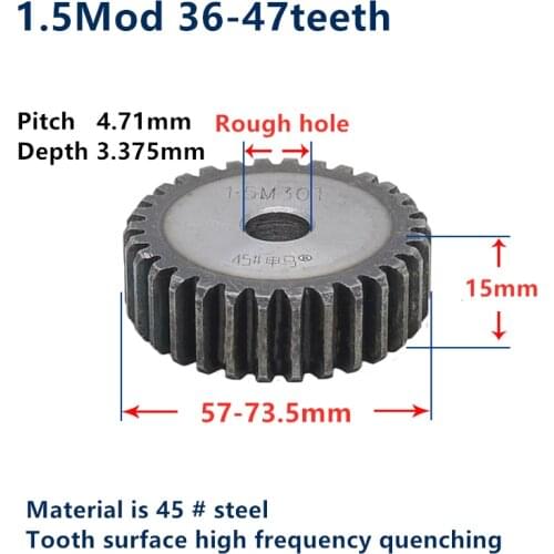 1pc Spur Gear pinion 36teeth-47teeth 1.5Mod 1.5 M=1.5 Blank bore Teeth 45# steel positive gear CNC gear rack transmission motor