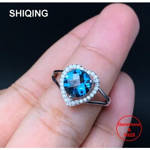 SHIQING Nature AAA blue topaz pure body 925 sterling silver heart romantic rings for love