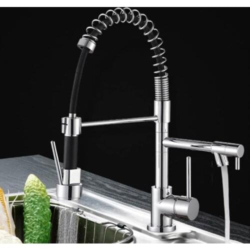 Spring Pull Down Kitchen Sink Faucet Hot & Cold Water Mixer Crane Tap With Dual Spout 360 Degree Rotation Deck Mounted HWC