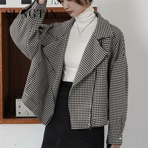 Sungtin Turn Down Collar Short Zip Houndstooth Woolen Jacket Women OL Winter Autumn Office Lady Pockets Female Plaid Jacket Chic