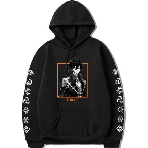Anime Genshin Impact Zhong Li Hoodie Fashion Zhongli Cosplay Costume Unisex Printed Casual Hooded Sweatshirts for Spring Autumn