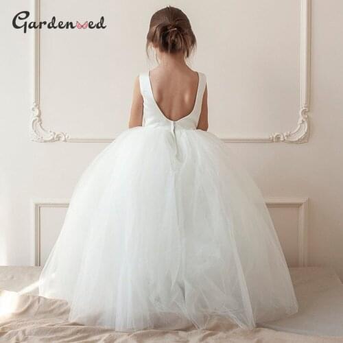 A Line Satin Flower Girl Dress Ivory Girl Wedding Party Tulle Girls Cute Ball Gown Backless Zip up Elegant Princess Dresses