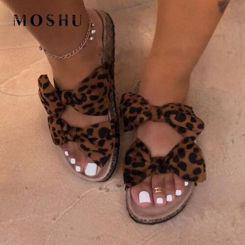 Summer Sandals Women Leopard Bowknot Sandals Women Open Toe Slides Female Flat Slip On Sandals Shoes Sandalias Mujer 2020