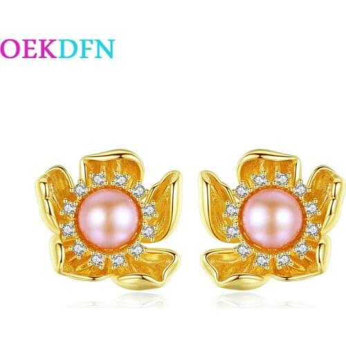 OEKDFN 100% 925 Sterling Silver Earrings Women Natural Freshwater Pearls Gemstone Ear Studs Wedding Engagement Fine Jewelry