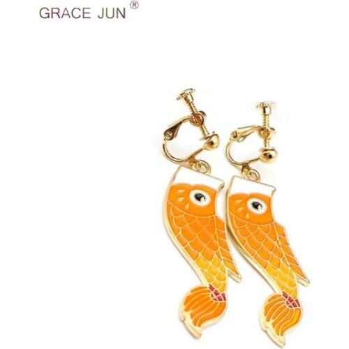 GRACE JUN Fashion Goldfish Clip on Earrings No Pierced for Women Gorgeous Screw Gold Color Cuff Earrings Bese Jewelry Xmas Gift