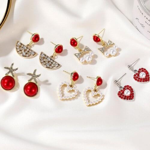Red Vintage Earrings for Women Bow Knot Heart Ball Short Sweet Zircon Pearl Drop Earrings Girl Gift Kpop Fashion 2020 Trend New