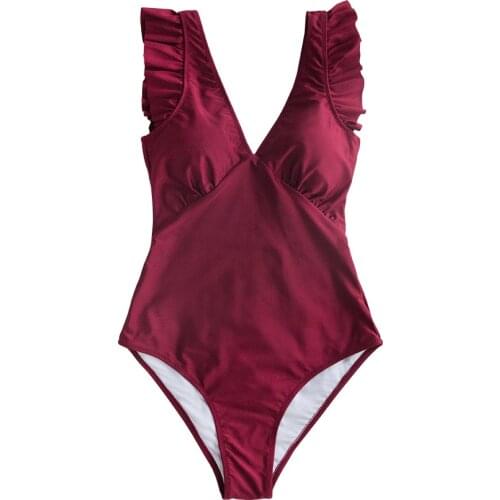 Basic Solid One-Piece Swimsuit Women Ruffle Ruched Monokini 2020 Girl Beach BathingSuit Plunging Neckline Plus Size Swimwear XXL
