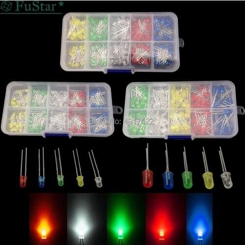 200pcs/box 3mm + 5mm 2-3V 20mA Colorful Diodes Universal F3 F5 LED Light Assorted Kit Red Green Blue Yellow White DIY LEDs Diode