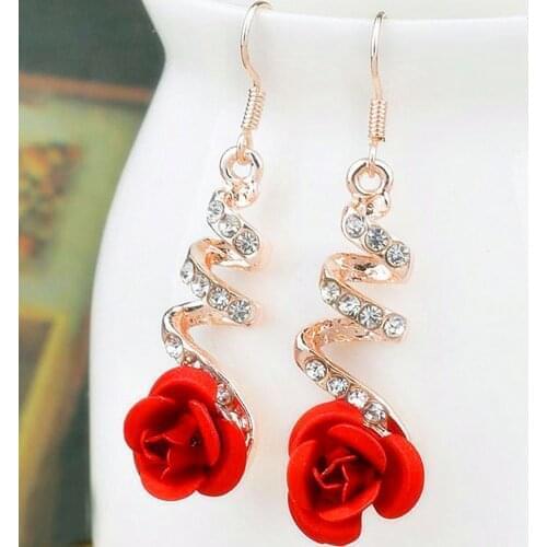 2021 Fashion Jewelry Ethnic Red Rose Drop Earrings Big Rhinestone Earrings Vintage For Women Rose Gold Spiral Dangle Earring