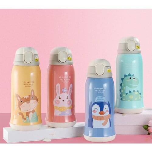 600ml Cartoon Kids Thermos Mug With Straw Thermal Water Bottle 316 Stainless Steel Vacuum Flasks Cute Penguin Dinosaur Rabbit