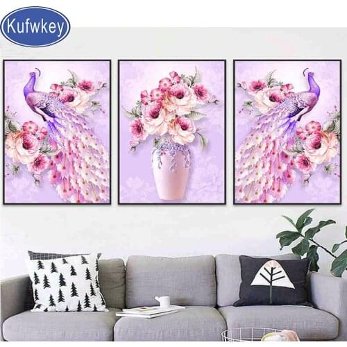 3 Piece Diamond embroidery Pink peacocks Flower 5d DIY diamond painting Animal full drill Wall Picture For Living Room decoratio