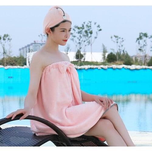 Coral Fleece Bath Skirt Tube Top Can Wear Soft Bath Towel Adult Absorbent Quick Drying Bowknot Bath Skirt and Dry Hair Cap Set