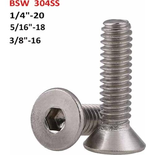 BSW 304 Stainless Steel Countersunk Head Hexagon Socket Screws British Standard Flat Head Allen Bolts 1/4"-20 5/16"-18 3/8"-16