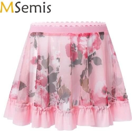 Kids Girls Ballet Dance Skirt Children See-through Floral Print Practice Leotard Dance Dress Kid Ballet Dancing Masquerade Skirt