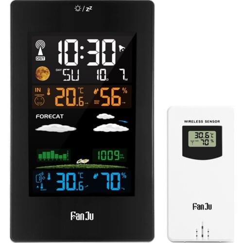 FanJu FJ3389 Wall Clock Color Weather Station LCD Digital Alarm Temperature Humidity Comfort display Table Sensor Modern Design