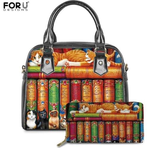 FORUDESIGNS Vintage Bookshelf and Lovely Cat Printed PU Leather Handbag Ladies Fashion 2Pcs Tote Bag Purses 2021 Bolsa Feminina