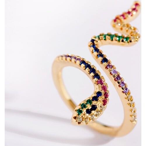 Snake Ring Open Rainbow Snake Ring Gold Pave Rainbow AAA Cubic Zirconia Ring Women Gold Jewelry anillo de serpiente