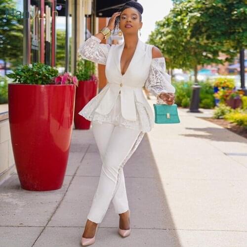 HAOYUAN Sexy Lace Patchwork 2 Piece Set Button Deep V Suit Coat Pencil Pants Business Casual Suit Office Lady Wear Matching Sets