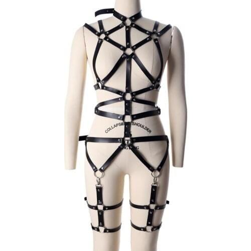 Leather Harness Set Garter Belts Women Full Body Bondage Cage Corset Leg Straps Lingerie Pole Dance Dress Fetish Sexy Underwear