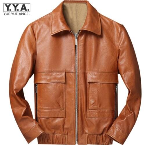 Natural Genuine Leather Motorcycle Jacket Men Oil Wax Cowhide Vintage Turn-Down Collar Multi-Pocket Slim Fit Work Cargo Coats