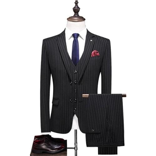 Jacket + Vest + Pants) New Boutique stripe Casual Business Blazers Mens Suit Groom Wedding Dress Performance Tuxedo male S-5XL
