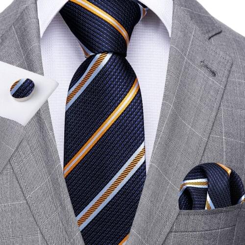 Fashion Navy Striped Men Tie Set Silk Jacquard Necktie Wedding Business Handkerchief Cufflinks Tie Barry.Wang Designer FA-5330