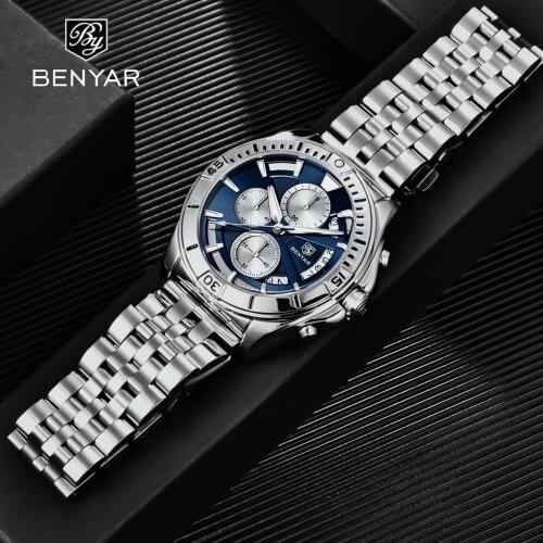 Benyar 2021 New Classic Antique Style Mens Quartz Watch Stainless Steel Waterproof Calendar Luminous Pointer Watch Reloj Hombre