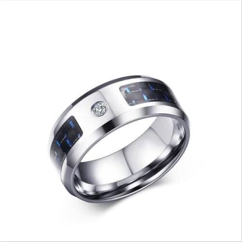 Fashion jewelry 8MM stainless steel blue + black carbon fiber zircon ring mens simple fashion