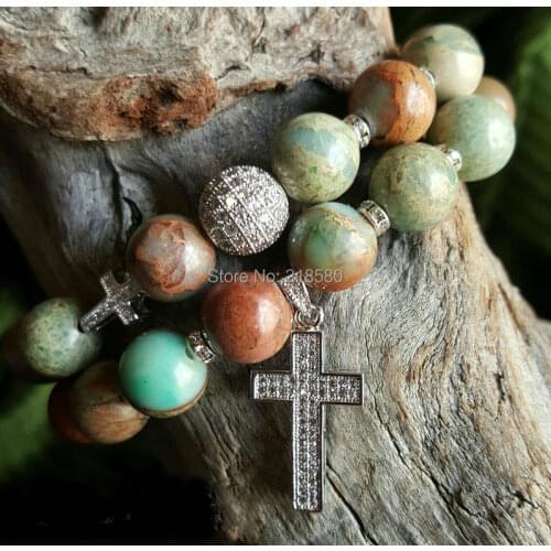 Seidiment Jaspers Beads Pave CZ Ball and Cross Bracelets Set SE21554