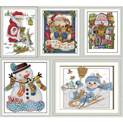Joy Sunday Santa Claus and Christmas Snowman Cross Stitch kit aida 14ct 11ct Counted Print Canvas Embroidery Handmade Needlework