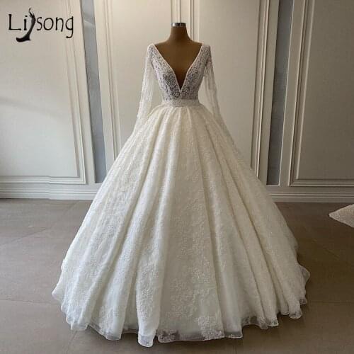 Real Image Pearls Lace Wedding Dresses 2020 Full Sleeves Luxury Beaded Appliques Bridal Gowns Vintage Wedding Dress