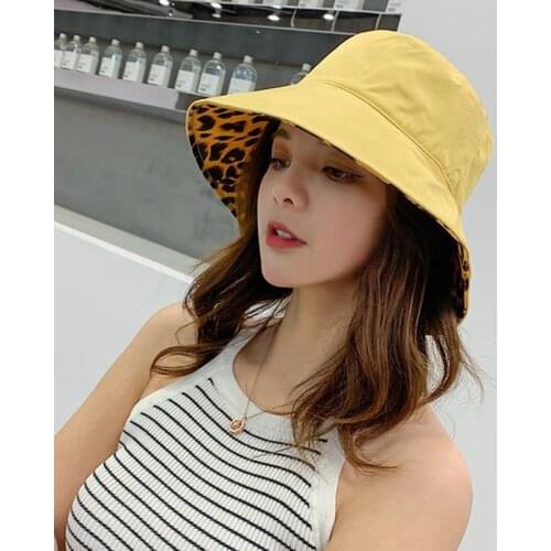 2020 Korea Hot Womens Leopard Print 2 Surface Wear Bucket Hats Men Beach Flat Top Fishing Hat Anti UV Panama Hat панама мужская