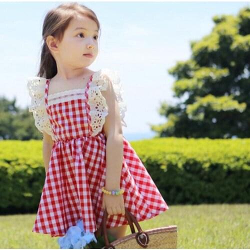 Summer Little Girls Dresses Fly Sleeve Baby Clothes Princess Plaid Elastic Lace Child Kids Dress Kids Clothes Blue Red