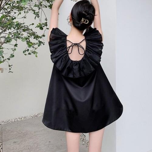 QOERLIN Black Dress Women Loose Ruffled Sleeveless Mini Dress Female Backless Lace Up Elegant Party Dresses High Quality Vestido
