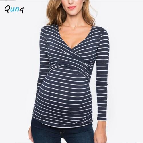 Qunq Maternity Shirt Breastfeeding Nursing Top 2021 New Long Sleeve Spring Fall Striped V-neck Pregnant Woman Tees Outfits