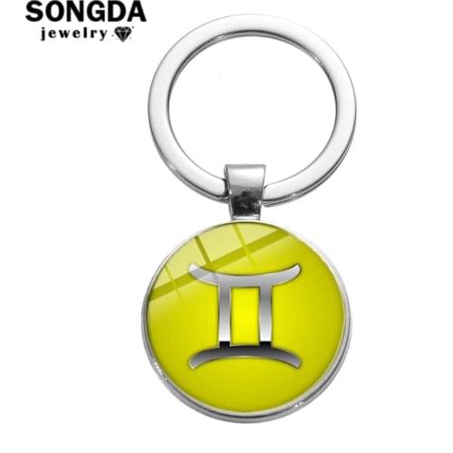 SONGDA 12 Constellation Keychain Solid Color Zodiac Sign Glass Dome Key Chain Ring Aries Gemini Cancer Virgo Libra Birthday Gift