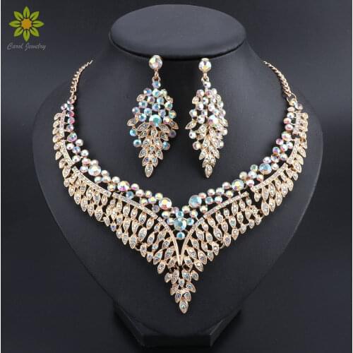 Wedding Jewelry AB Color Crystal Rhinestones Necklace Earrings for Bride Indian Jewelry Sets Women Jewelry Set