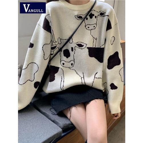 Vangull Vintage Casual Loose Lazy Cow Color Matching Sweater Female Korean Harajuku Womens Sweaters Cute Ulzzang Clothing
