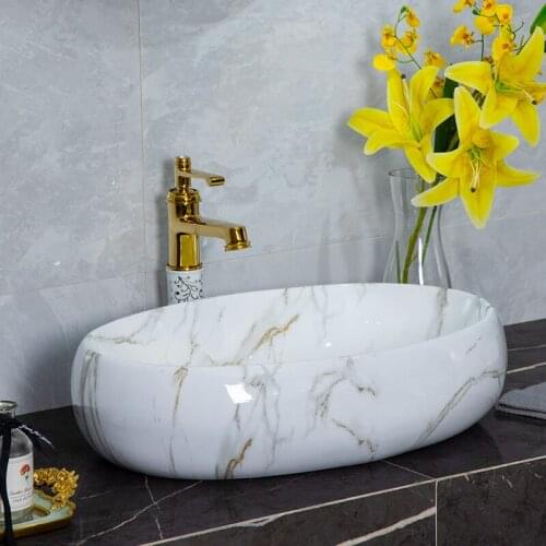 Nordic minimalist marble ceramic gold pattern art above counter basin household bathroom ceramic oval washbasin