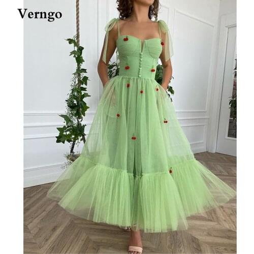 Verngo 2021 Jade Green Tulle A Line Prom Dresses With Cherry Straps Tied Bow Formal Party Gowns Ankle Length Homecoming Dress