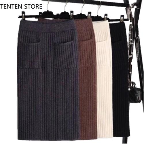 Fall winter bodycon midi skirts women high waist pencil stretch vintage elegant mid calf length knitted split skirts female