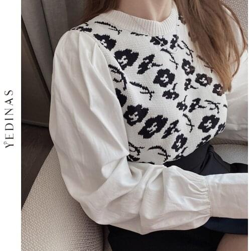 Yedinas 2020 Autumn Puff Sleeve Sweater Women Vintage Female Jumper Korean Style Sweet Pullover White Sweaters Patchwork Tops