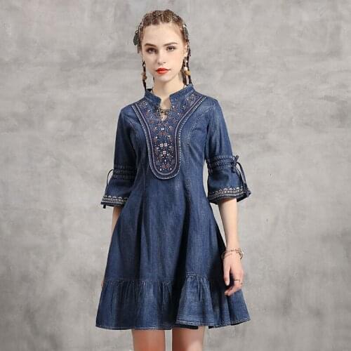 2020 summer dress women cloth vestidios embroidery ruffled cultivate morality short sleeve dress A82223 denim dress ancient