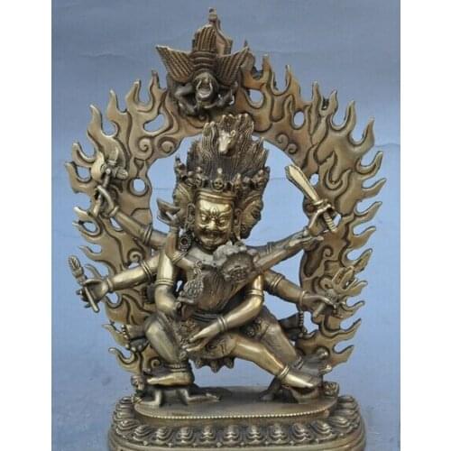 006993 10" tibet buddhism brass 3 heads 6 arms Mahakala god happy buddha Hevajra statue