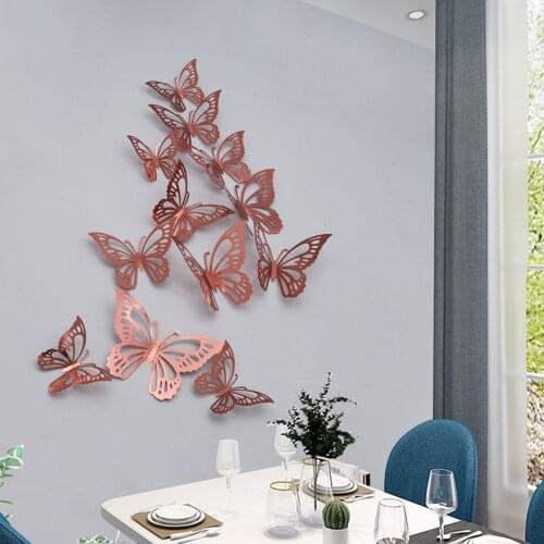 12Pcs 3D Wall Stickers Hollow Rose gold/Golden/Silver Butterfly Wall Stickers DIY Art Home Decor Wall Decals Wedding decoration