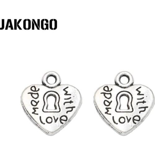 60PCS Antique Silver Plated Made with Love Heart Charms Pendants for Bracelet Jewelry Making Accessories DIY Handmade 15x13mm