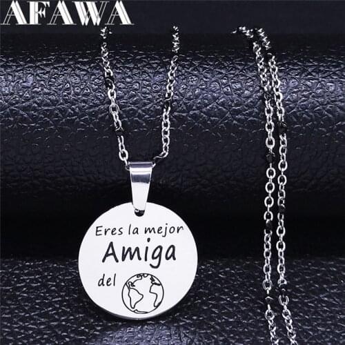 Amiga Stainless Steel Women Silver Color Spanish Friends Small Round Chain Necklace Jewelry collares de acero inoxida N3707S01