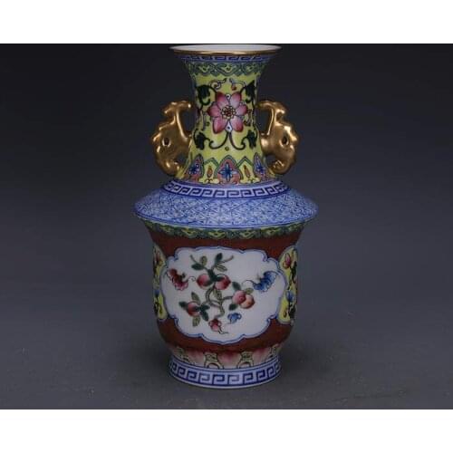 Antique Chinese Style Colour Enamel Double Ears Decoration Porcelain Flower Vase